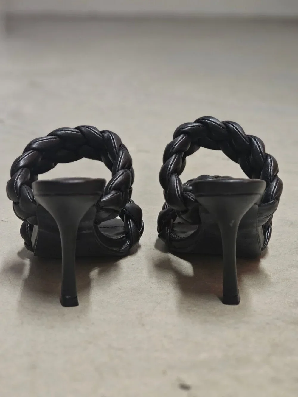 Braided Double Strap Black Heeled Sandals With Square Toe Design For Women